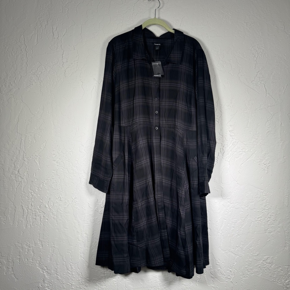 Torrid Shadow Plaid Button Front Shirt Kimono Dress Grey Black NWT 2 2X | Goth - Picture 11 of 11